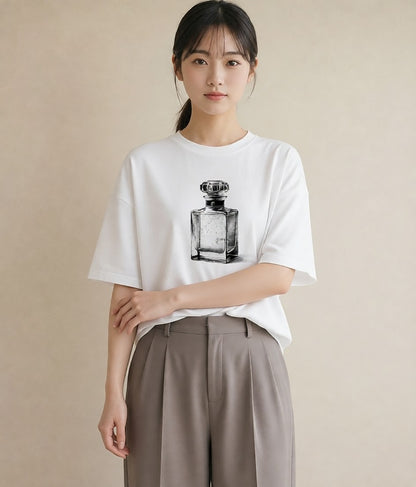 グラフィックTシャツ レディース 香水 香水瓶 パフューム イラスト 抜け感 社会人 女性 白T YMAZO
