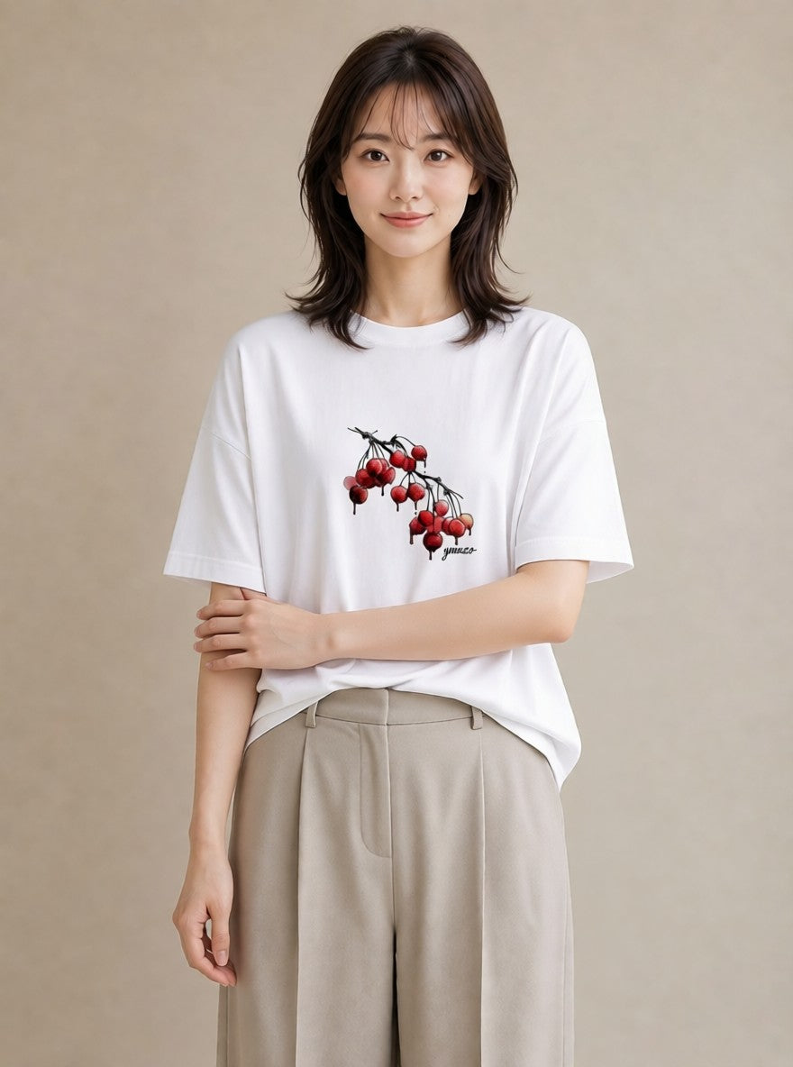半袖Tシャツ レディース さくらんぼ チェリー 食べ物 フード イラスト 抜け感 友達ギフト 部屋着 白T YMAZO