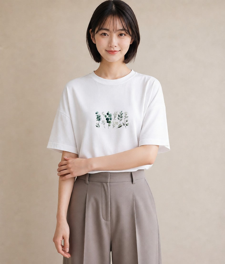 デザインTシャツ レディース ユーカリ 植物 ボタニカル イラスト 淡色 綿100 デート 白T YMAZO