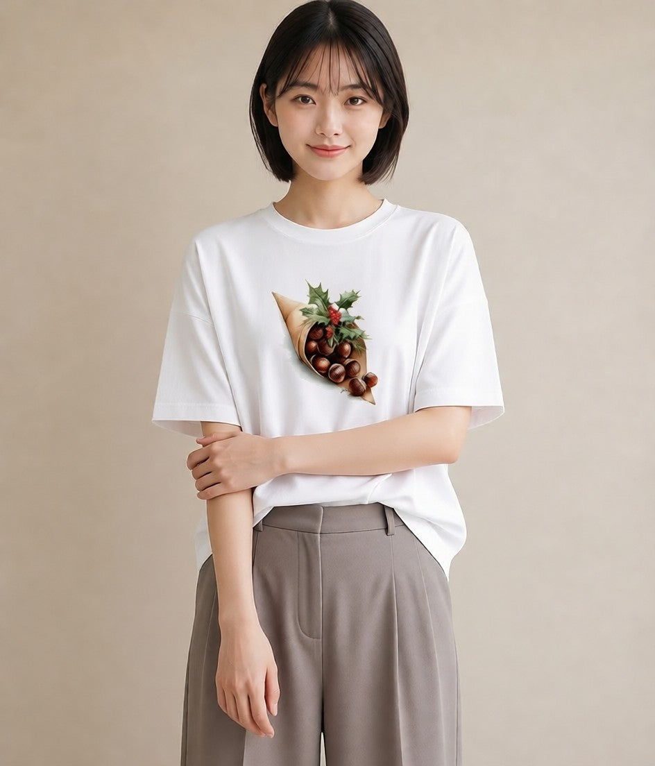 プリントTシャツ レディース どんぐり 植物 ボタニカル イラスト 旅行コーデ 送別ギフト 通勤 白T YMAZO