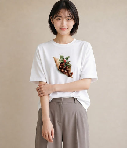 プリントTシャツ レディース どんぐり 植物 ボタニカル イラスト 旅行コーデ 送別ギフト 通勤 白T YMAZO