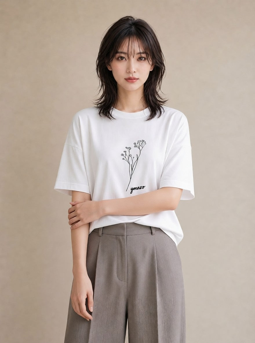 半袖Tシャツ レディース 小花 花 フラワー イラスト ポップ ミセス 春コーデ 白T YMAZO