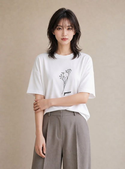 半袖Tシャツ レディース 小花 花 フラワー イラスト ポップ ミセス 春コーデ 白T YMAZO