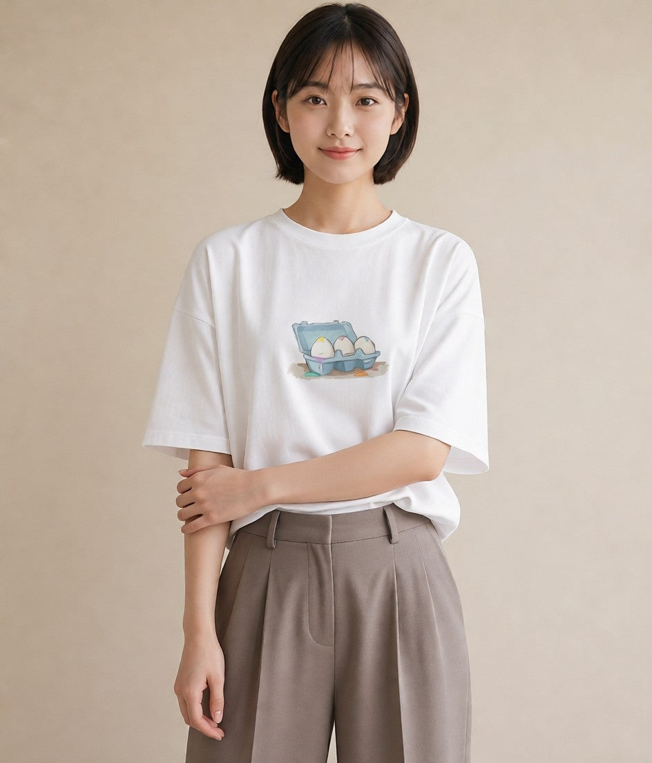 半袖Tシャツ レディース たまご 食べ物 フード イラスト 個性的 敬老の日 ホワイトデー 白T YMAZO