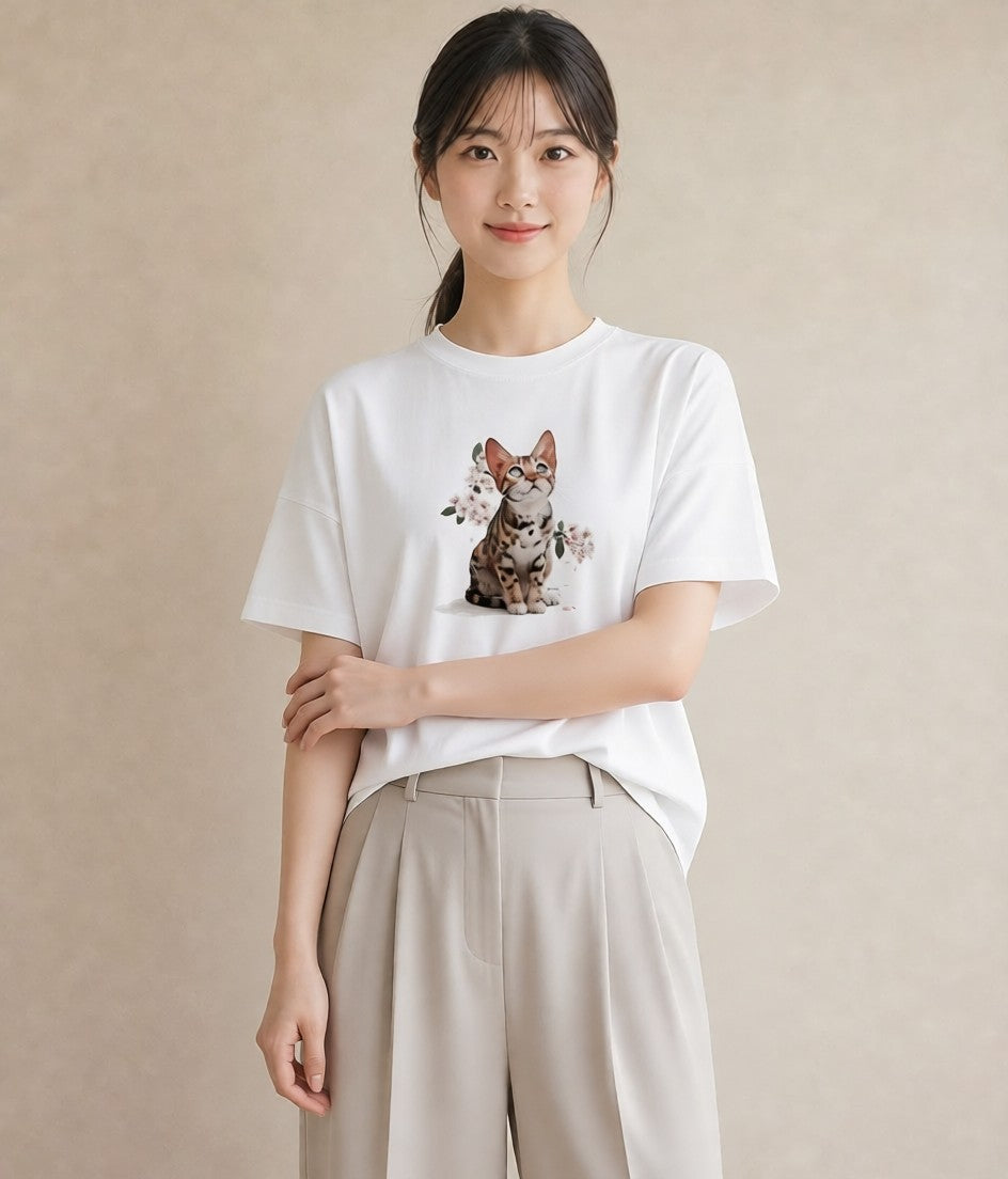 半袖Tシャツ レディース サビ猫 猫 ねこ イラスト きれいめ ルームウェア ギフト 白T YMAZO