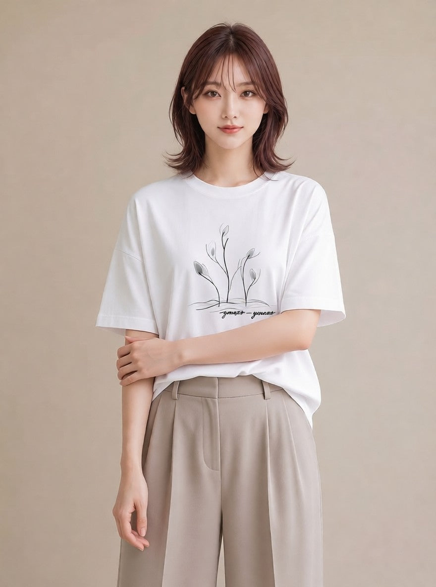 半袖Tシャツ レディース 観葉植物 ボタニカル 植物 イラスト ミニマル 自分用 ルームウェア 白T YMAZO