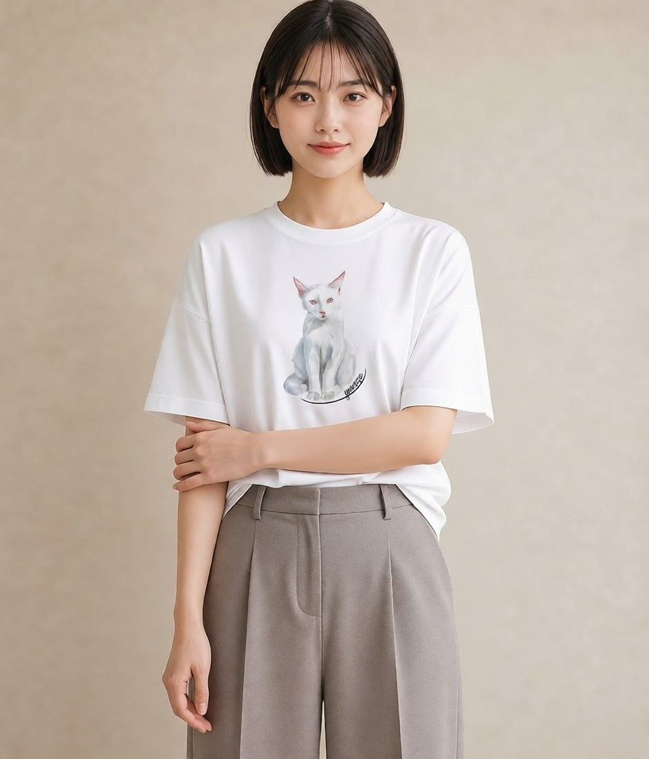 プリントTシャツ レディース 三毛猫 みけねこ 三毛 猫 ねこ イラスト ラフ デート 帰省 白T YMAZO