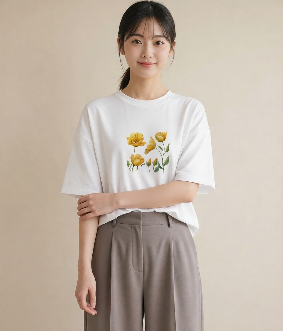 Tシャツ レディース チューリップ 花 花柄 イラスト ゆるコーデ ラフ レイヤード 白T YMAZO