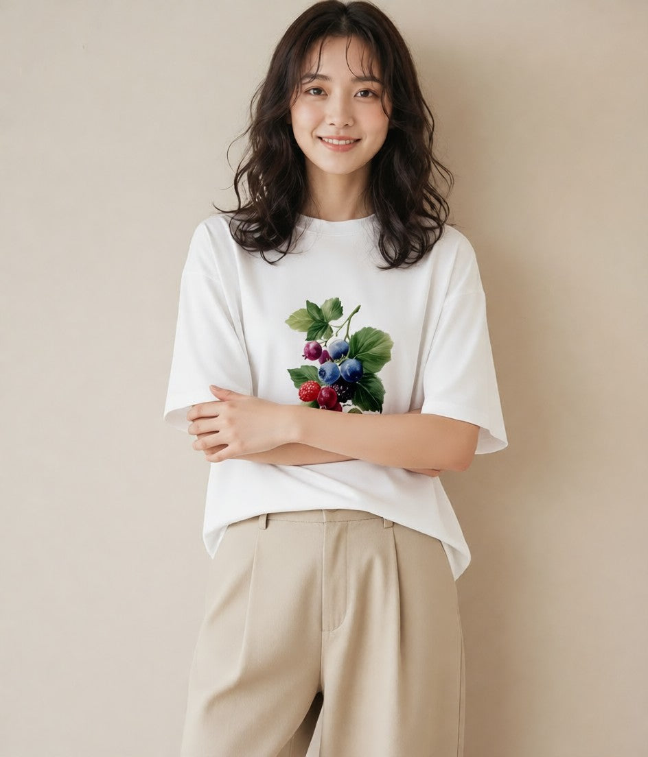 デザインTシャツ レディース ブルーベリー 食べ物 フード イラスト 手描き風 お揃い 親子 白T YMAZO