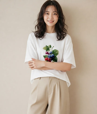 デザインTシャツ レディース ブルーベリー 食べ物 フード イラスト 手描き風 お揃い 親子 白T YMAZO