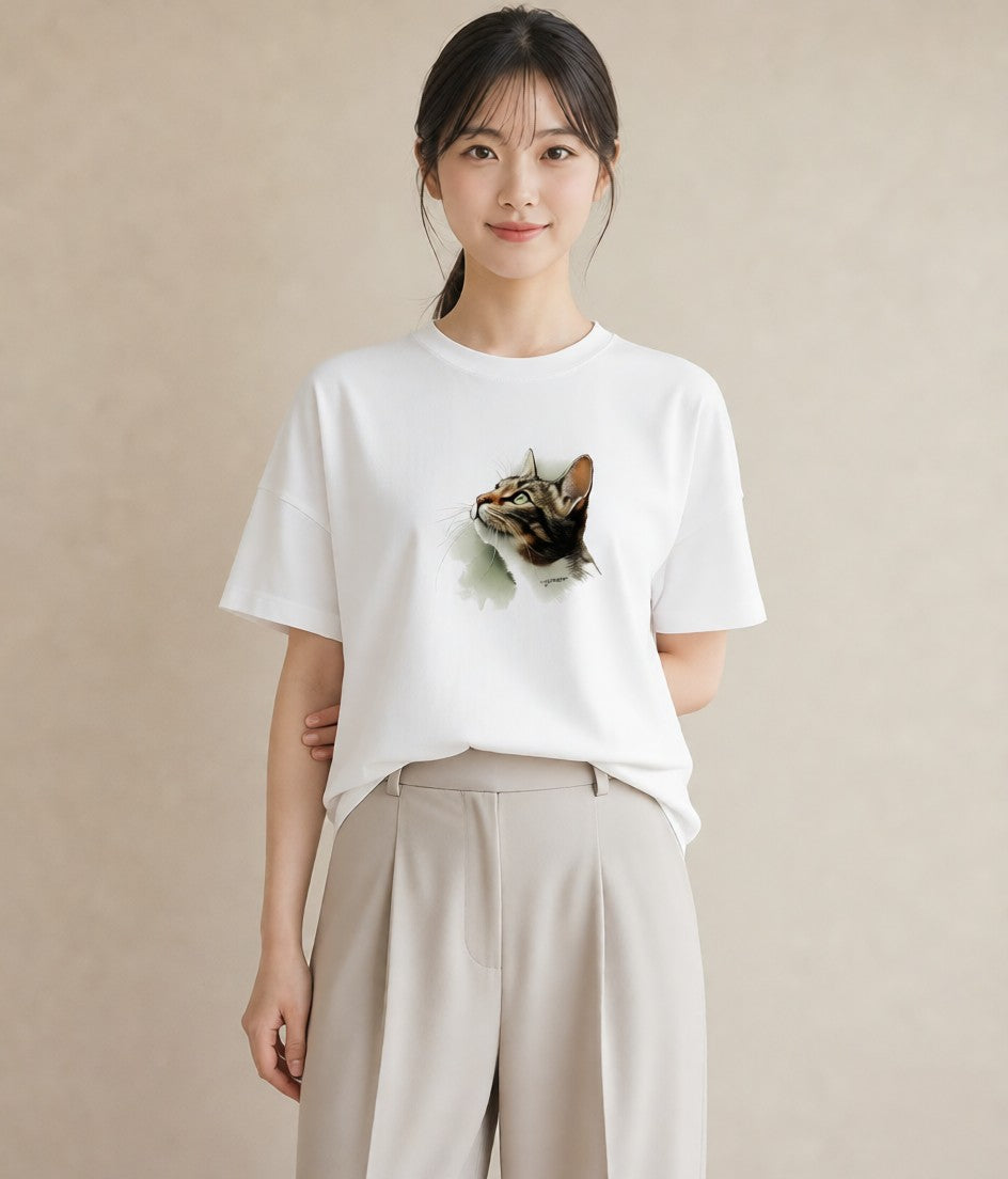 グラフィックTシャツ レディース ぶち猫 猫 ねこ イラスト アート風 女性向けギフト 散歩 白T YMAZO