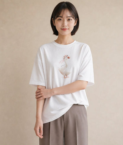 デザインTシャツ レディース アヒル 動物 アニマル イラスト 綿100 デート 白T YMAZO