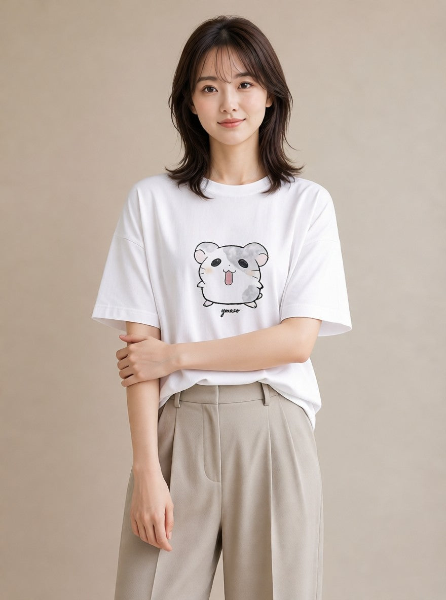 デザインTシャツ レディース チンチラ ペット 動物 イラスト 線画 レイヤード 友達ギフト 白T YMAZO