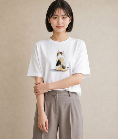 半袖Tシャツ レディース 茶トラ 茶猫 猫 ねこ イラスト 淡色 ルームウェア ギフト 白T YMAZO