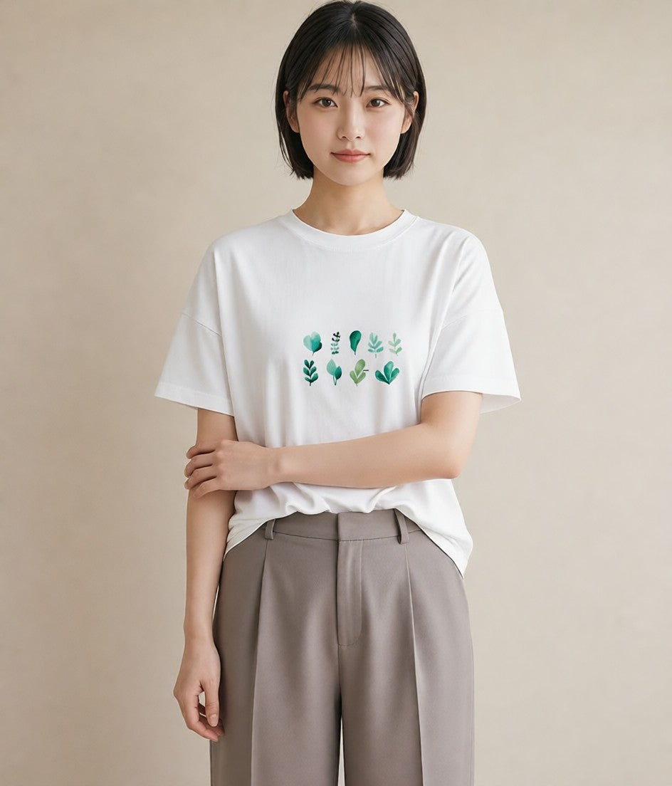 Tシャツ レディース 新緑 植物 ボタニカル イラスト 可愛い ミセス 春コーデ 白T YMAZO
