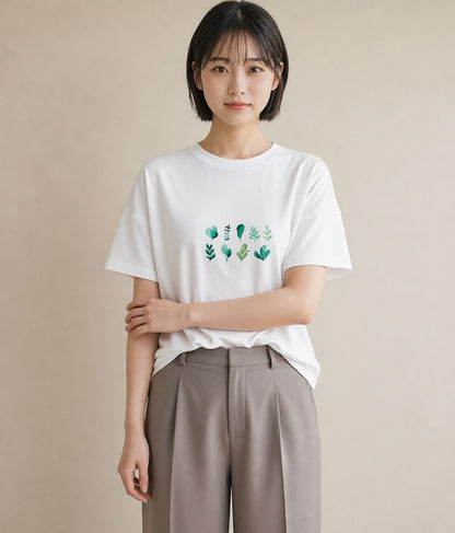 Tシャツ レディース 新緑 植物 ボタニカル イラスト 可愛い ミセス 春コーデ 白T YMAZO