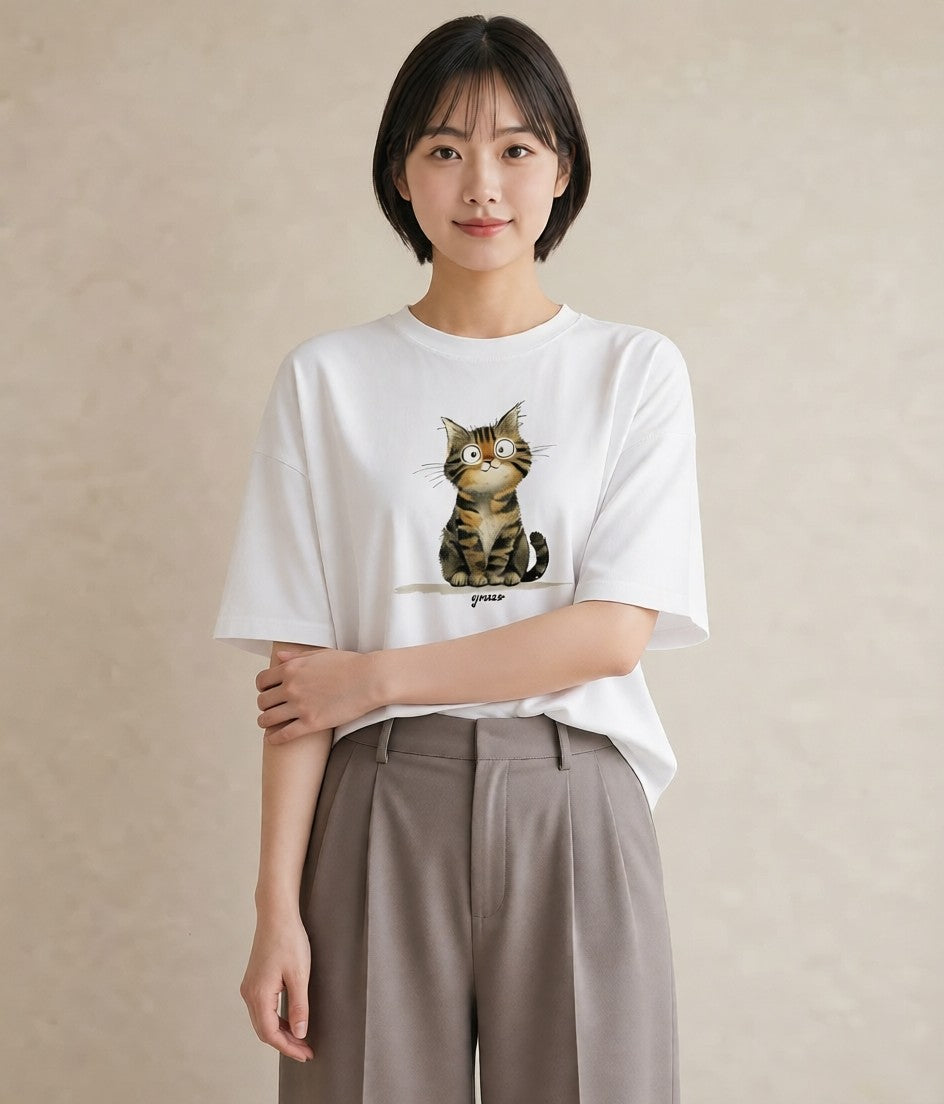 半袖Tシャツ レディース 猫好き 猫 ねこ イラスト モード 敬老の日 ホワイトデー 白T YMAZO