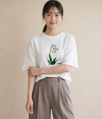 グラフィックTシャツ レディース すずらん 花 花柄 イラスト ポップ 旅行 母娘コーデ 白T YMAZO