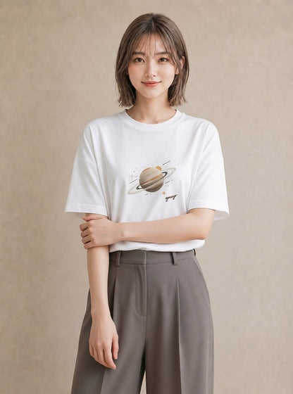 グラフィックTシャツ レディース 土星 星空 宇宙 イラスト 北欧風 週末コーデ 敬老の日 白T YMAZO
