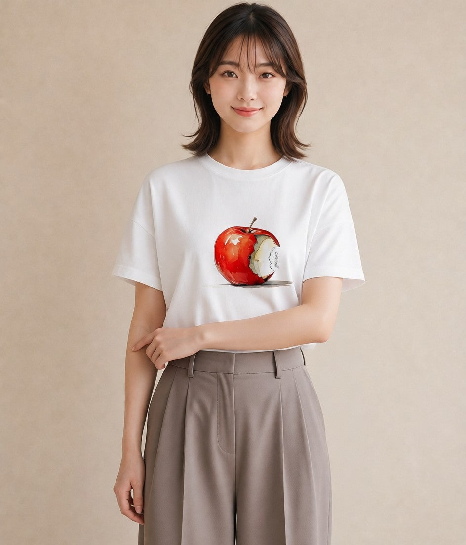 プリントTシャツ レディース りんご 林檎 アップル 食べ物 フード イラスト シンプル 週末コーデ 敬老の日 白T YMAZO