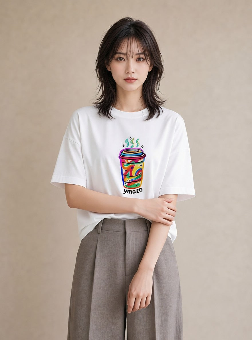 デザインTシャツ レディース カフェオレ 食べ物 フード イラスト カフェコーデ 週末コーデ 敬老の日 白T YMAZO