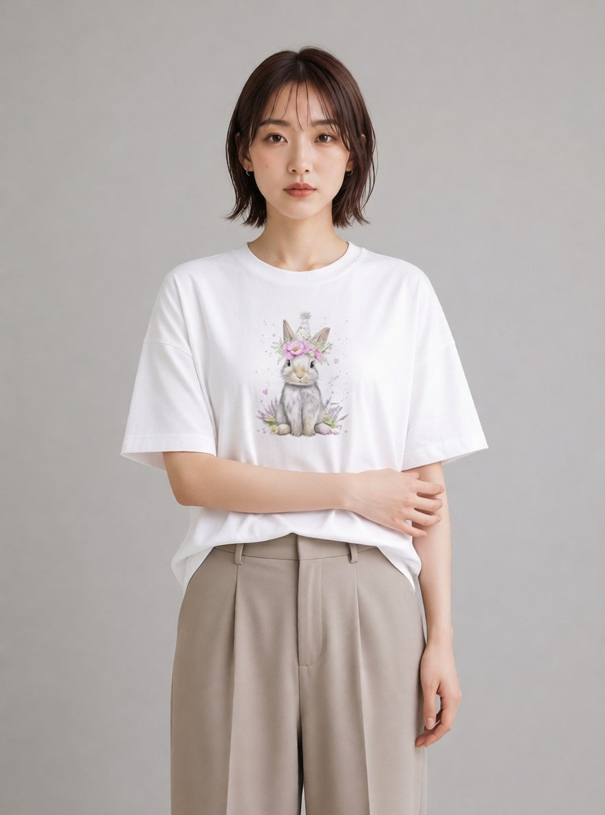 半袖Tシャツ レディース ライオンラビット ペット 動物 イラスト シック 自分用 ルームウェア 白T YMAZO