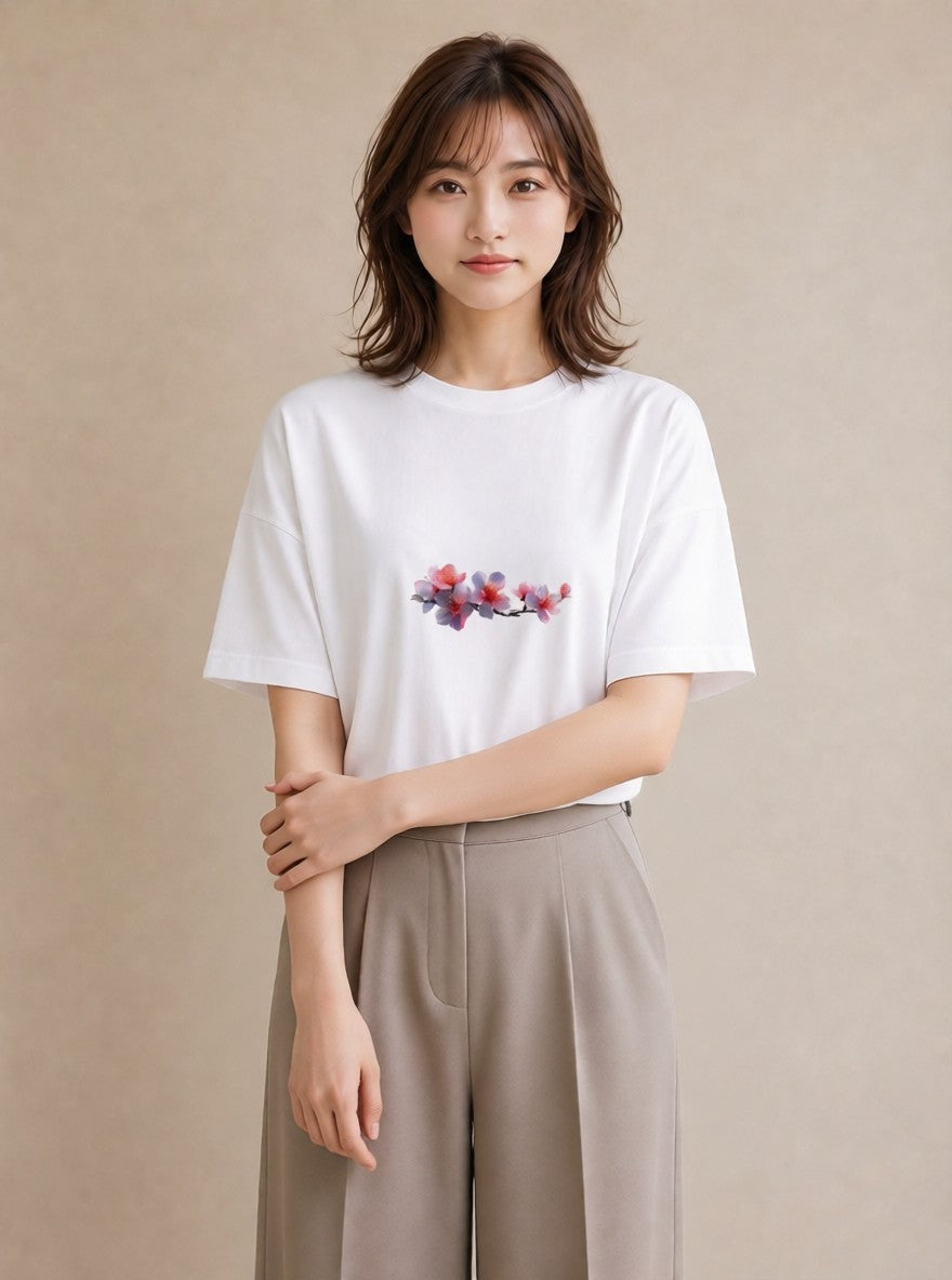 半袖Tシャツ レディース 花 花柄 イラスト 上品 社会人 女性 白T