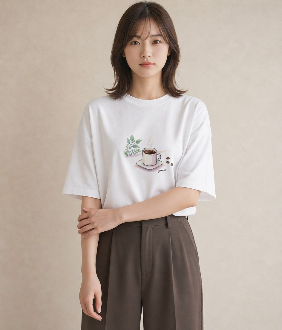 Tシャツ レディース コーヒー カフェ 珈琲 イラスト ユニーク ペアコーデ 秋コーデ 白T YMAZO
