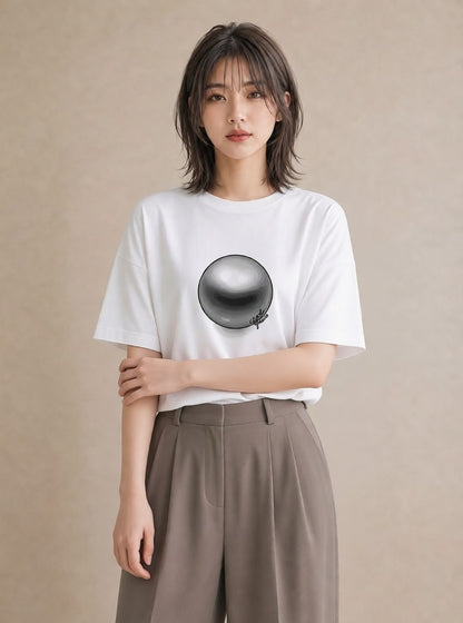 Tシャツ レディース パールピアス アクセサリー ナチュラル アンティーク イラスト 手描き風 女子会 お揃い 白T YMAZO