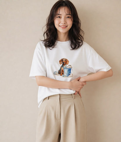 プリントTシャツ レディース ミニチュアダックスフンド 犬 いぬ イラスト 休日コーデ 夏コーデ 通学 白T YMAZO