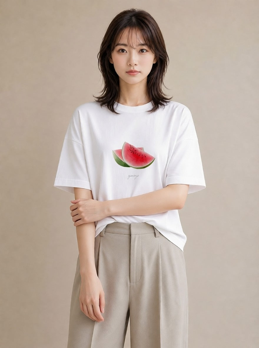 Tシャツ レディース メロン 食べ物 フード イラスト 北欧風 部屋着 女性向けギフト 白T YMAZO