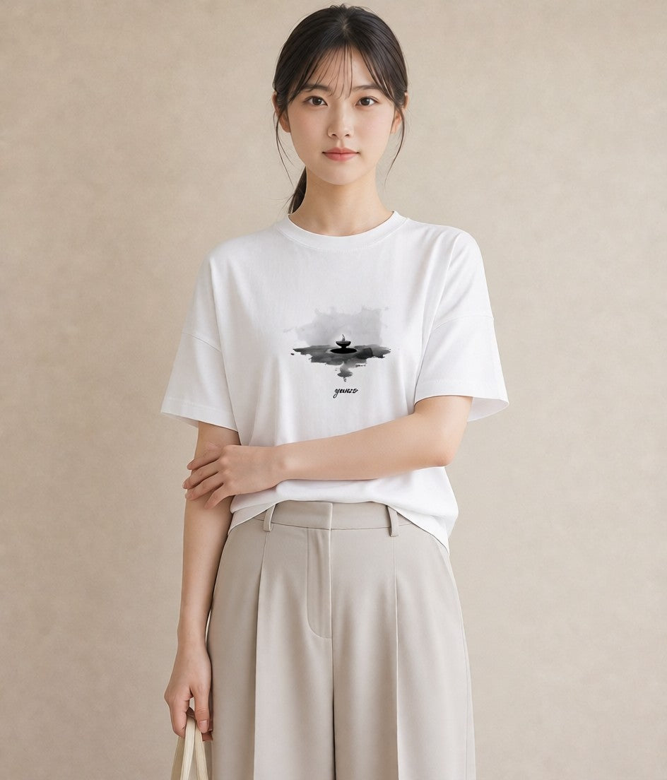 グラフィックTシャツ レディース 傘 水たまり 雨 ナチュラル アンティーク イラスト ポップ お揃い 親子 白T YMAZO