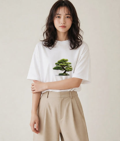 グラフィックTシャツ レディース 盆栽 植物 ボタニカル イラスト シンプル 友達ギフト 部屋着 白T YMAZO