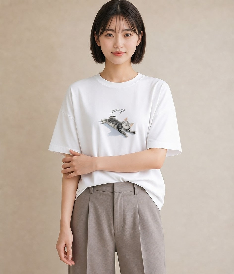 プリントTシャツ レディース ベンガル 猫 ねこ イラスト ゆるかわ 海 カフェ巡り 白T YMAZO