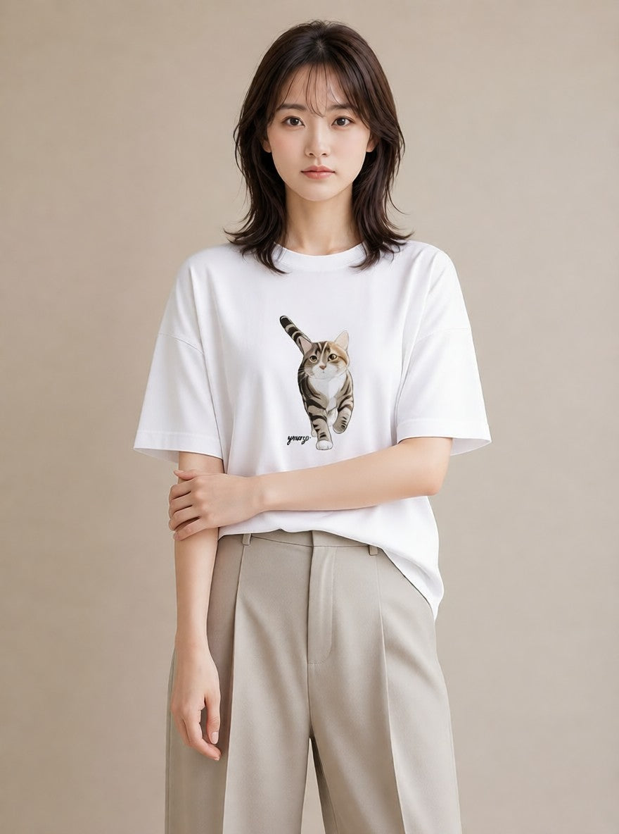 半袖Tシャツ レディース アメリカンショートヘア 猫 ねこ イラスト きれいめ 帰省 ラフ 白T YMAZO