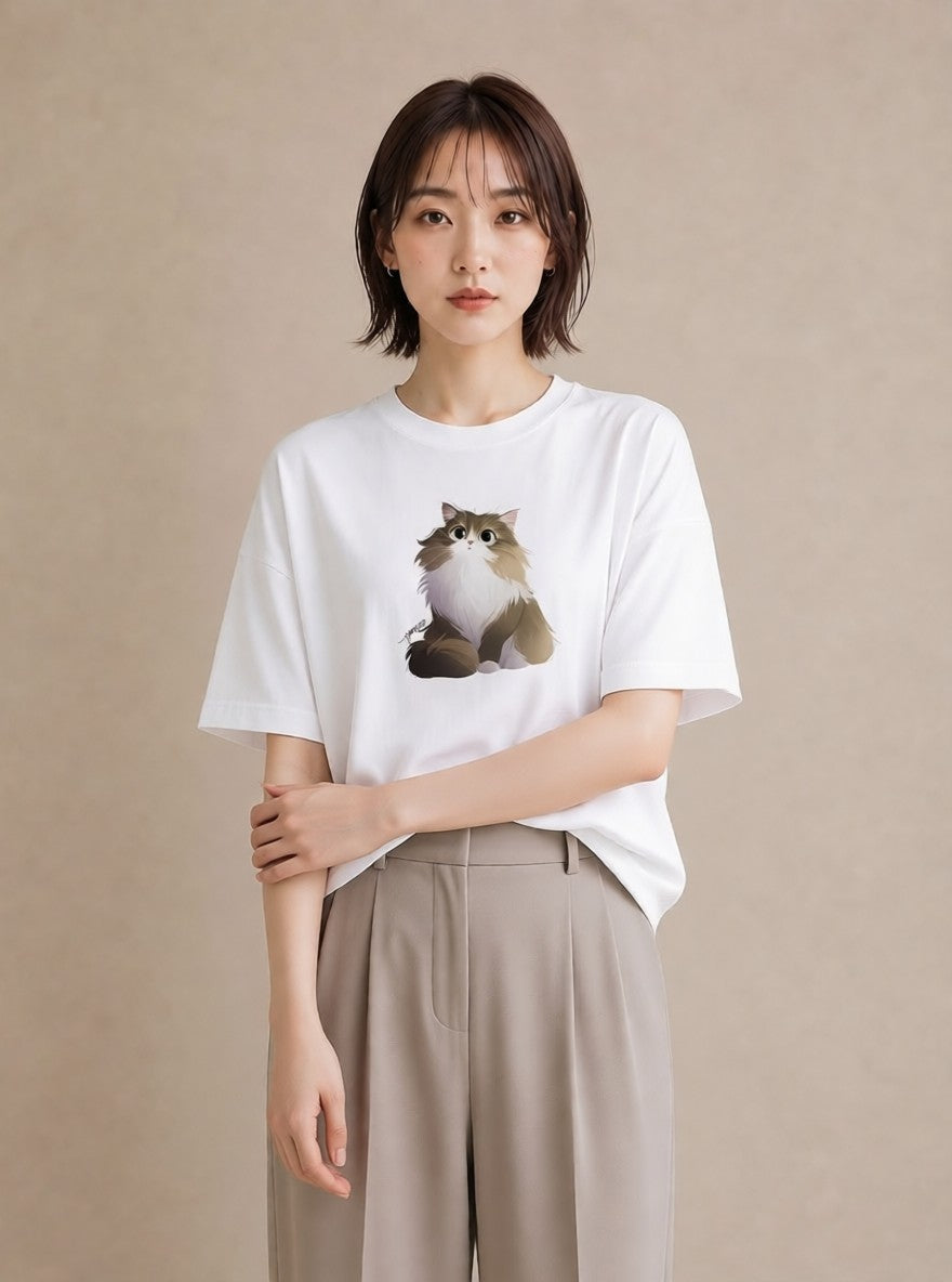 Tシャツ レディース メインクーン 猫 ねこ イラスト 韓国風 秋コーデ おしゃれギフト 白T YMAZO