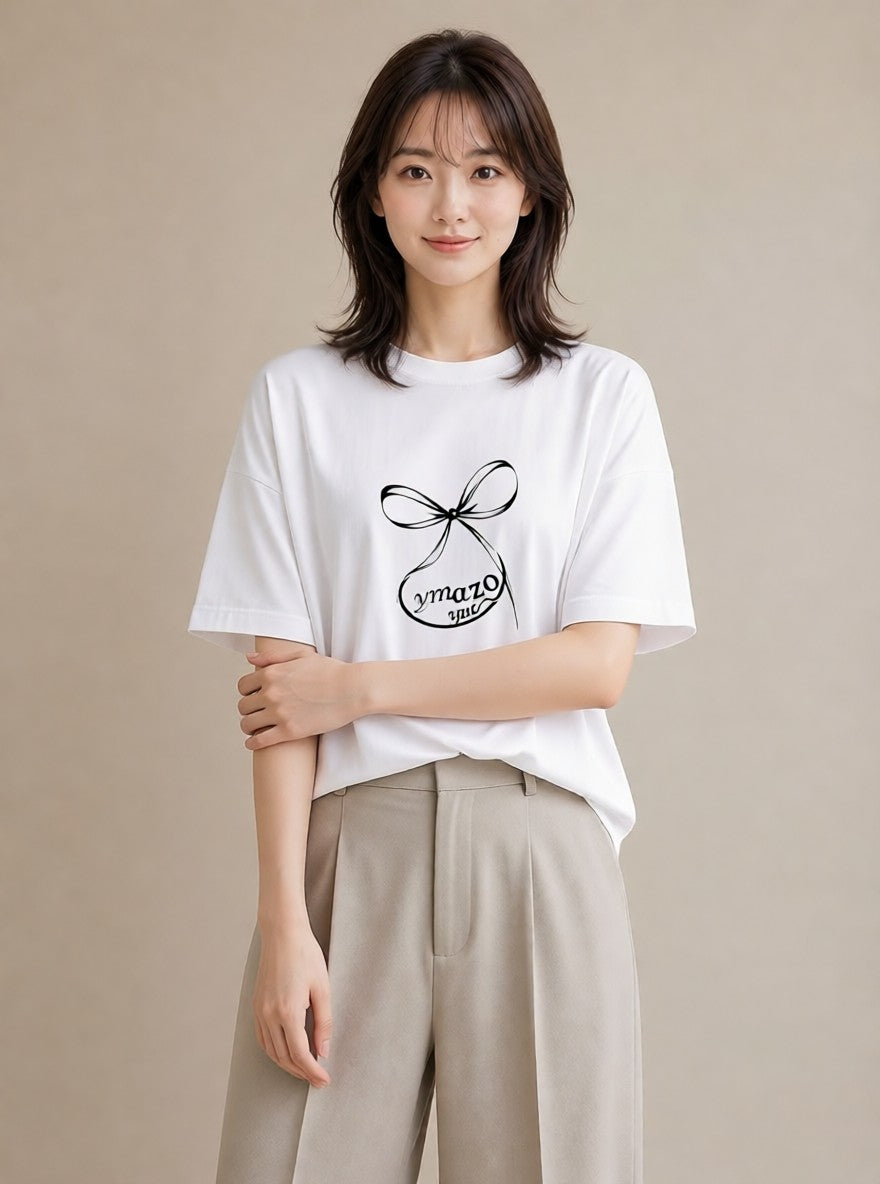 グラフィックTシャツ レディース リボン ボウ りぼん イラスト 個性的 ラフ レイヤード 白T YMAZO
