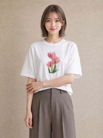半袖Tシャツ レディース チューリップ 花 花柄 イラスト こなれ感 クリスマス 旅行 白T YMAZO