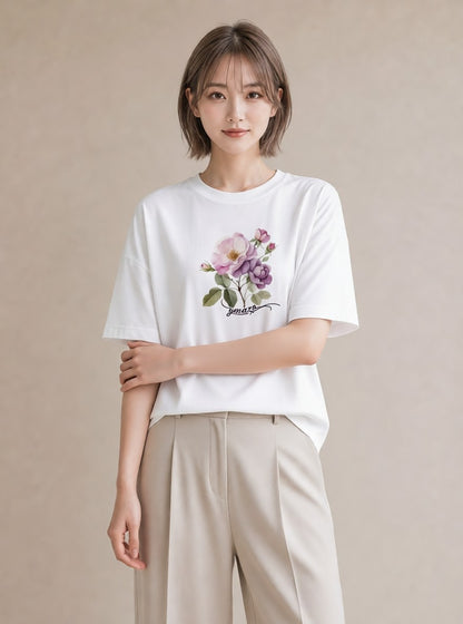 デザインTシャツ レディース バラ 薔薇 ローズ 花 花柄 イラスト ガーリー クリスマス 旅行 白T