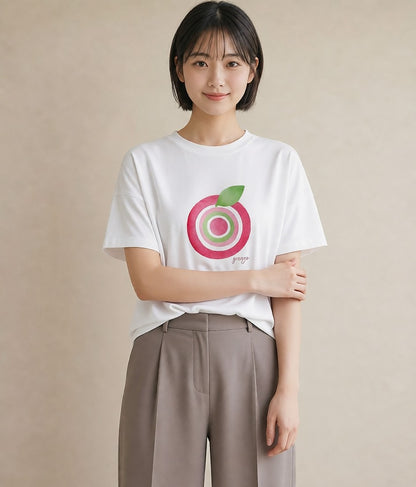 プリントTシャツ レディース りんご 林檎 アップル 食べ物 フード イラスト 韓国風 春服 ミセス 白T YMAZO
