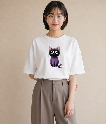 半袖Tシャツ レディース 黒猫 猫 ねこ イラスト 旅行コーデ ホワイトデー 春服 白T YMAZO