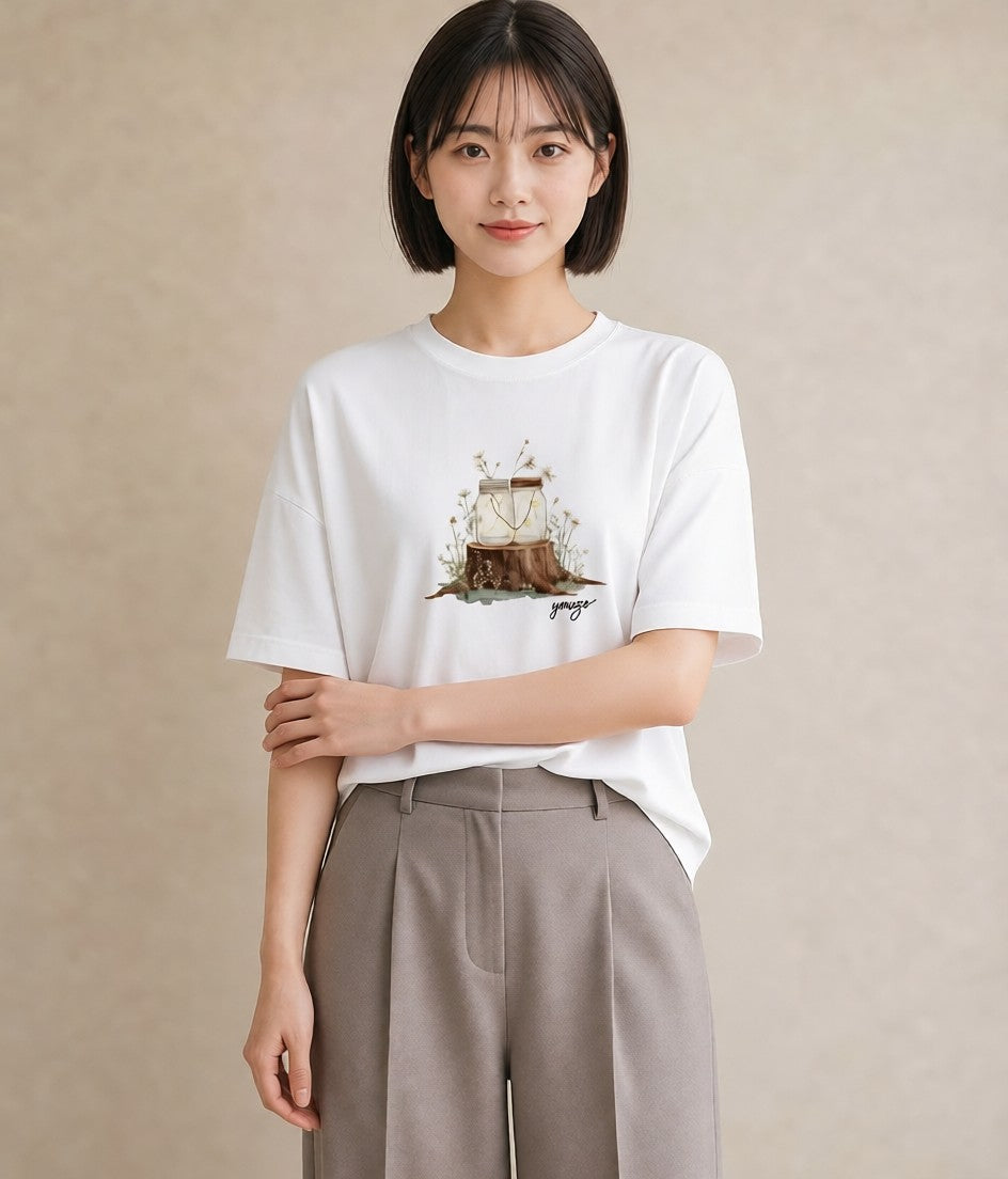 グラフィックTシャツ レディース 街灯 夜霧 夜 ナチュラル アンティーク イラスト ニュアンス 女性 旅行用 白T YMAZO