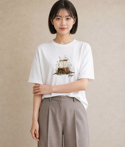 グラフィックTシャツ レディース 街灯 夜霧 夜 ナチュラル アンティーク イラスト ニュアンス 女性 旅行用 白T YMAZO