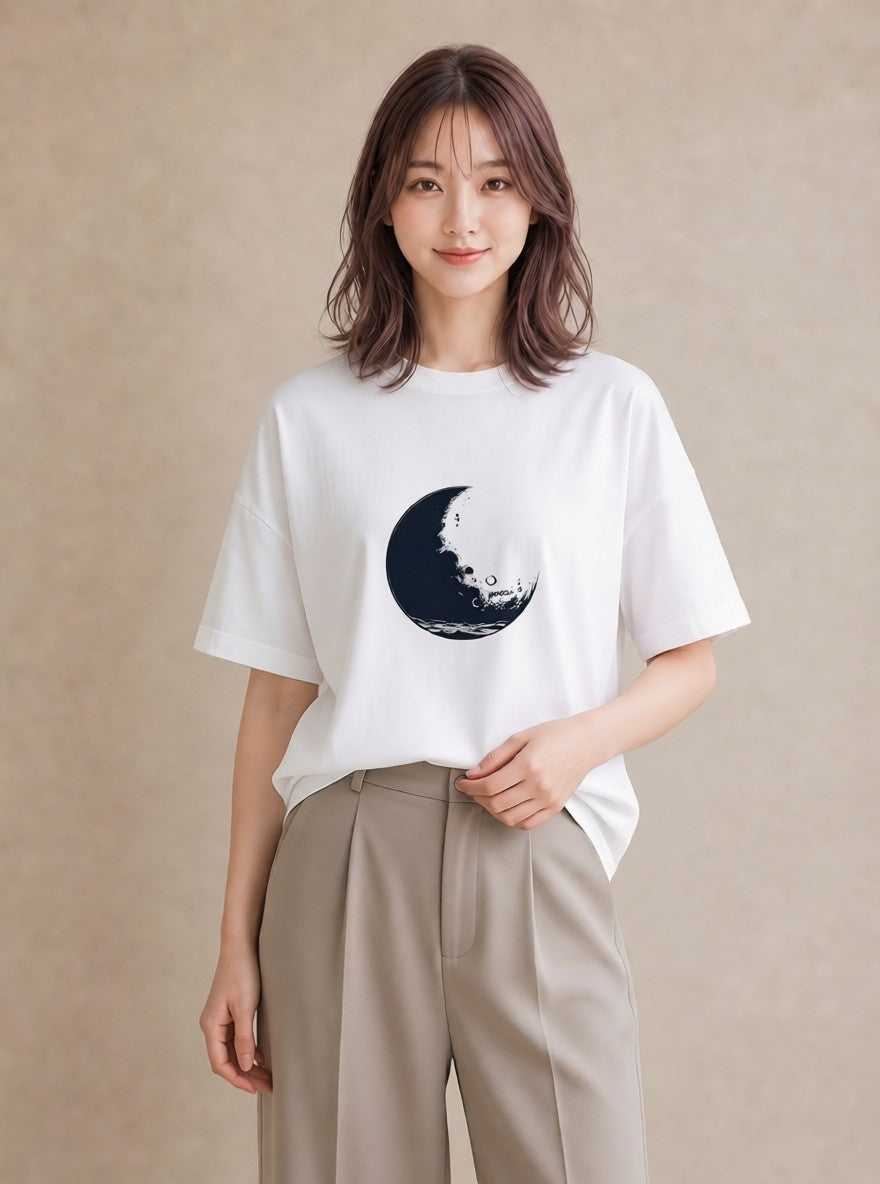 デザインTシャツ レディース 月 星空 宇宙 イラスト 上品 綿100 デート 白T YMAZO