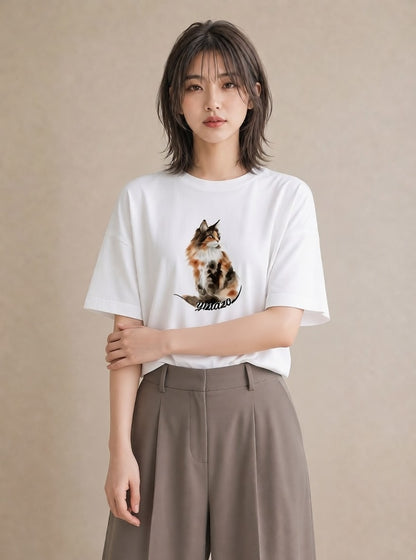 Tシャツ レディース しっぽ 猫 ねこ イラスト 線画 お出かけ 普段着 白T YMAZO