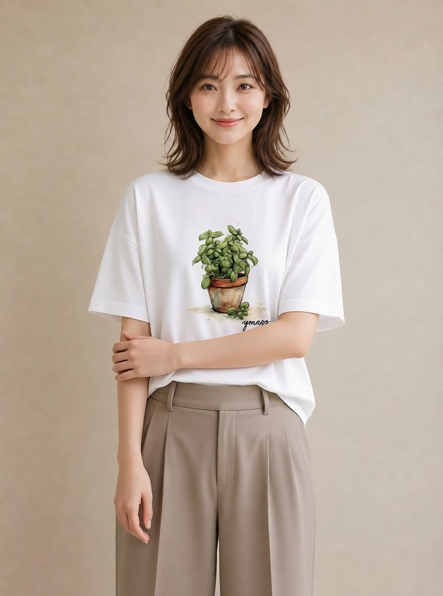 Tシャツ レディース ハーブ 植物 ボタニカル イラスト きれいめ 母の日 ビーチ 白T YMAZO