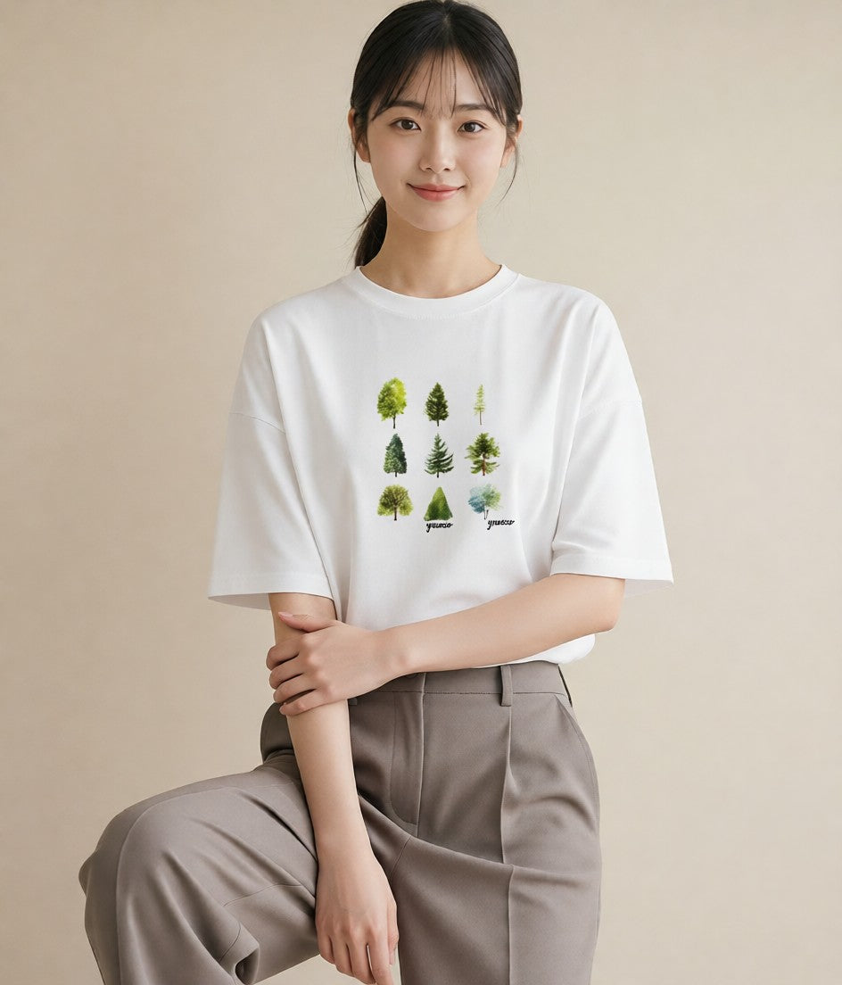 半袖Tシャツ レディース 木 植物 ボタニカル イラスト レトロ デイリーウェア 休日 白T YMAZO