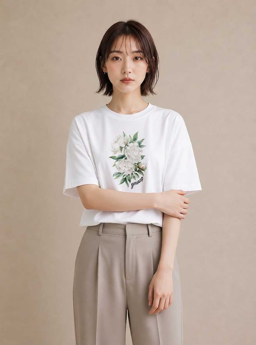 デザインTシャツ レディース 牡丹 花 花柄 イラスト 普段使い ペアコーデ 秋コーデ 白T