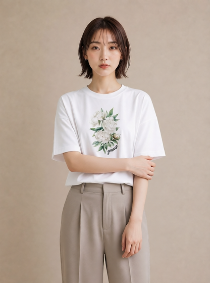 デザインTシャツ レディース 牡丹 花 花柄 イラスト 普段使い ペアコーデ 秋コーデ 白T