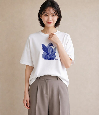 プリントTシャツ レディース タツノオトシゴ 海の生き物 海 イラスト お洒落 綿100 デート 白T YMAZO